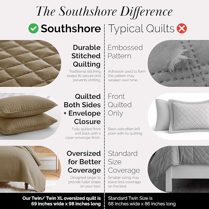 Southshore Fine Living, Inc. Twin Quilt Bedding Set, Soft Brushed Microfiber Taupe Quilts, Twin/XL Coverlet Bedspread, Wrinkle & Pet Hair Resistant Bedding with 1 Pillow Sham, Taupe