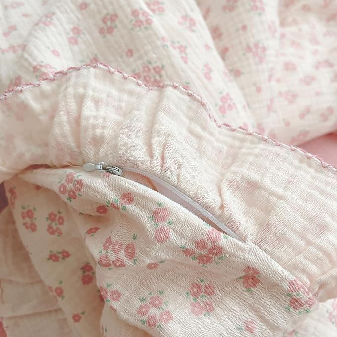 Pink Floral Duvet Cover Full Bedding Duvet Covers for Girls Kids Teens Soft Breathable Cotton Comforter Cover 79"x90" Shabby Chic Ruffles Quilt Cover, No Duvet/Comforter