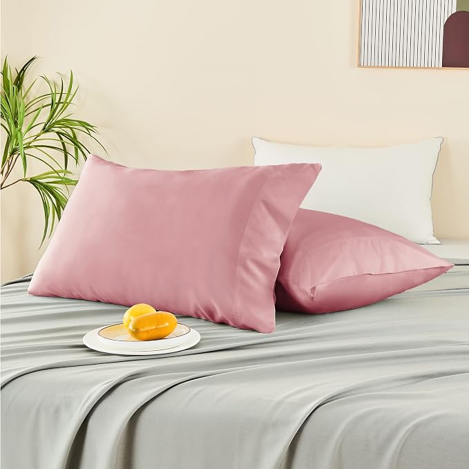 BEDELITE Pillow Cases Standard Size 2Pcs, Rayon from Bamboo, Rose Pink | Cooling and Breathable Pillow Cover for Hot Sleepers & Night Sweats, Silky Soft Cozy, Envelope Closure, 20"x26"