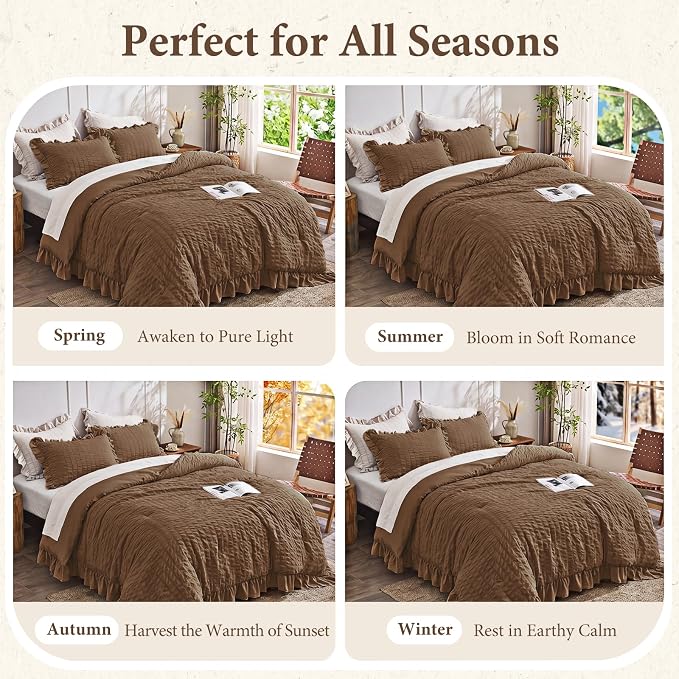 JOLLYVOGUE Oak Brown Twin/Twin XL Comforter Set, 2 Pieces Seersucker Lightweight Fluffy Bedding Set, Twin Ruffle Comforter, All Season Soft Microfiber Shabby Chic Bed Set