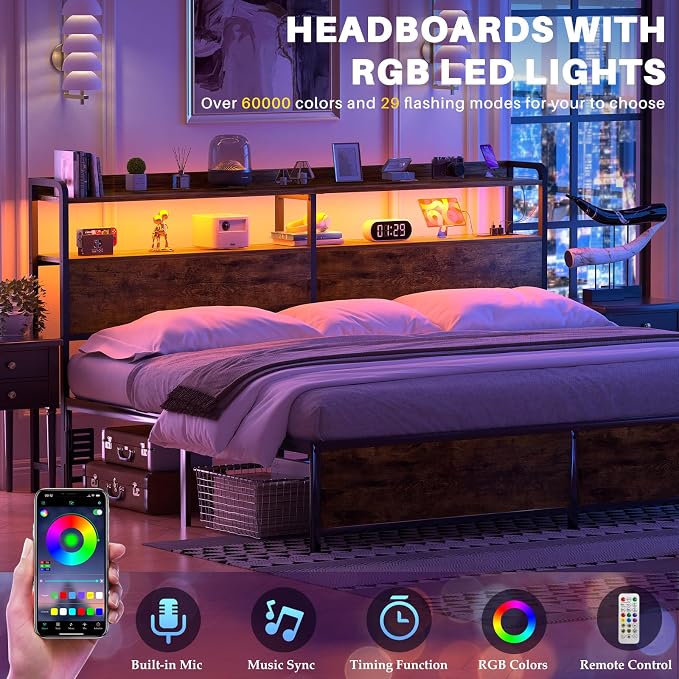 Aheaplus Headboard for King Size Bed Frame, Headboards with Outlets, USB Ports and LED Light, Head Board with Storage, Height Adjustable, Sturdy and Stable Headboard, King Size, Rustic Brown