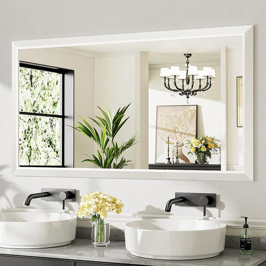 Bathroom Wall Mirror, White Metal Frame, 55x30 Inch | Anti-rust, HD tempered glass, for bathroom vanity, bedroom, living room, horizontal or vertical mount