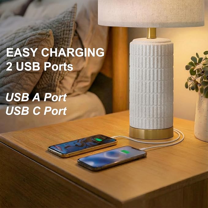 PoKat 21.5'' Stone-Like Bedside Table Lamps Set of 2 for Bedroom with 2 USB A+C, Modern Lamps for Living Room, Ceramic Nightstand Desk Lamps with Charging Ports Office Dorm Sideboard (Frosted White)