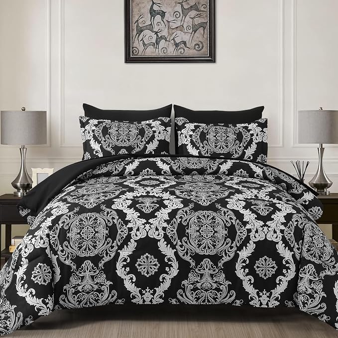 WONGS BEDDING 7 Pieces Comforter Set King Size, Black White Texture Bedding Set for All Season, Damask Soft and Breathable Bed in a Bag with Comforter, Flat Sheet, Fitted Sheet, Pillowcases & Shams