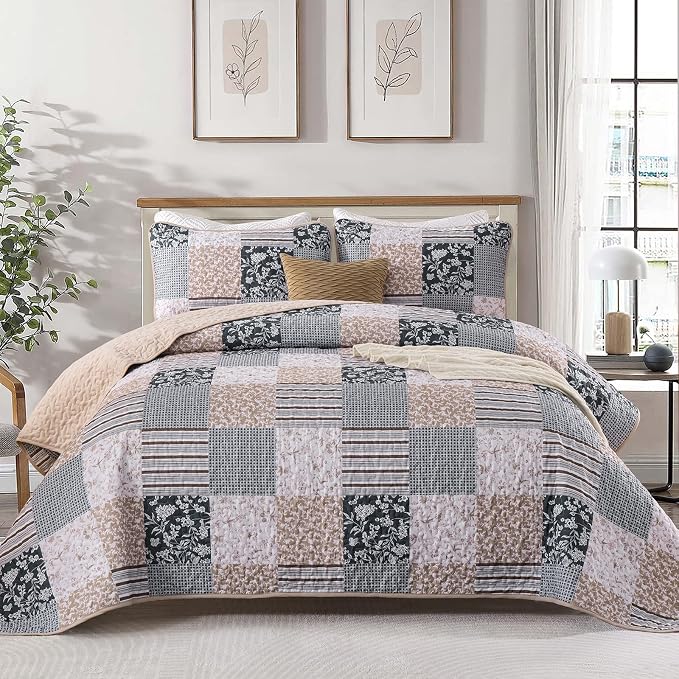 Mybedsoul Boho Quilt King Size, Patchwork Bedding Set, Blue Brown | Soft Lightweight Microfiber Floral Coverlet Set, 3 Pieces Plaid Bedspread, Bed Sets for All Seasons 90"x110"