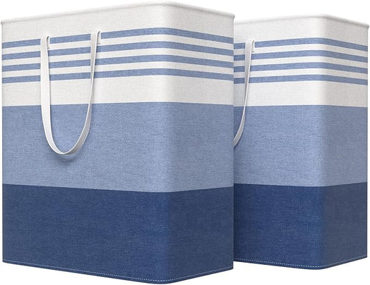 WOWBOX 2 Pack Laundry Baskets, Collapsible Dirty Clothes Laundry Hampers | with Reinforced Handles, Waterproof Coating, 2 Pack for Clean & Dirty Clothes, for Bedroom, Bathroom, Dorm (100L Blue)