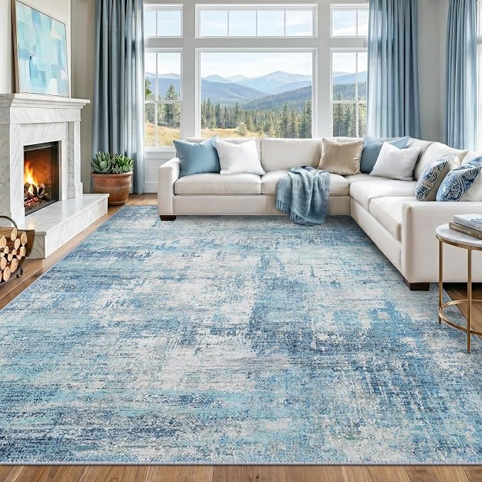 RELEANY Washable 8'x10' Abstract Area Rug for Living Room Teal Blue | Carpet for Bedroom, Kitchen, Office, Hallway and Entryway, Printed Pattern, Non‑Slip, Soft, Stain‑Resistant, Easy to Clean
