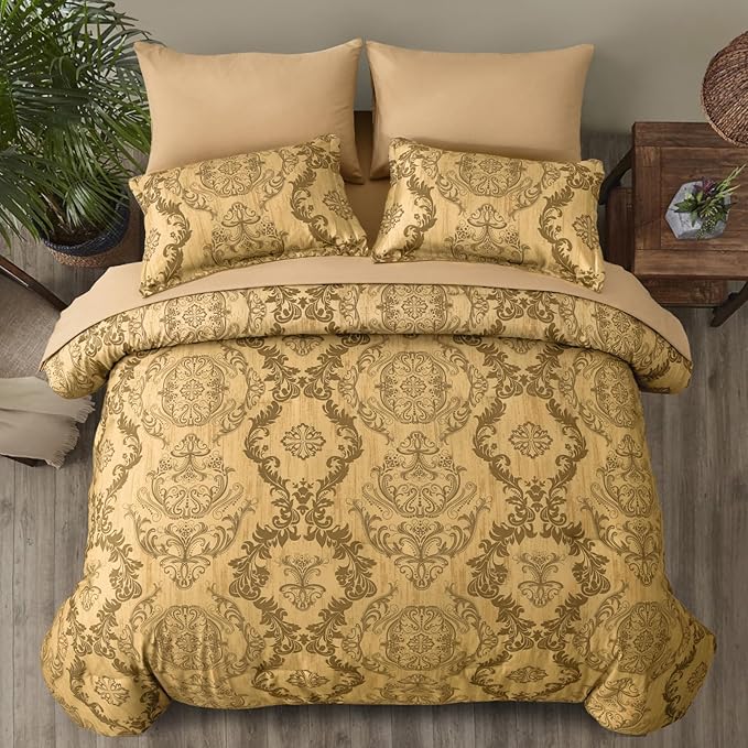 WONGS BEDDING Gold Comforter Set Queen Size, Damask Texture Design 7 Pieces Bed in a Bag Microfiber Comforter Bedding Sets -1 Comforter, 1 Flat Sheet, 1 Fitted Sheet, 2 Pillow Shams, 2 Pillowcases