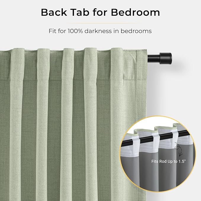 INOVADAY Sage Green Curtains 100% Blackout Curtains for Living Room 50X96 | Black Out Curtain 96 Inch Long for Bedroom 2 Panels, Clip Rings Linen Look Blackout Drapes, Thermal Insulated Room Darkening