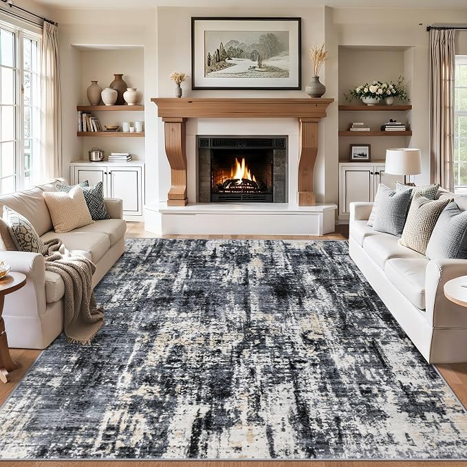 PLHXFR Area Rug Living Room: 5x7 Abstract Washable Carpet Black Gold | For Bedroom Dining Room Farmhouse Nursery Home,Machine washable,Non Slip,Large Soft Neutral,Stain Resistant, Indoor Floor