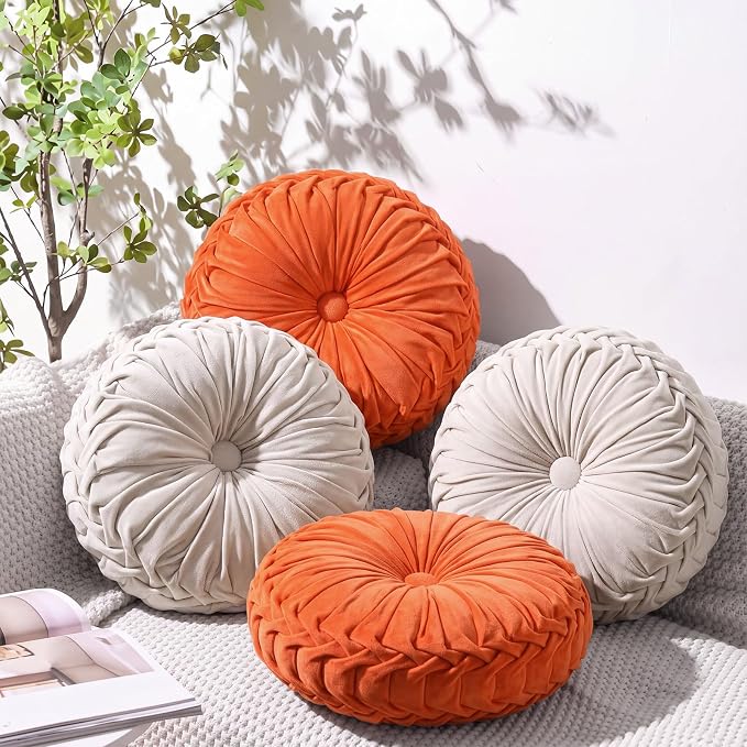 Kathfly 4 Pcs Decorative Round Pleated Throw Pillows, Classy Velvet Pumpkin Round Throw Pillows, Decorative Floor Pillow for Bed Chair Home Sofa Decor, 14" Diameter (Cream,Burnt Orange)