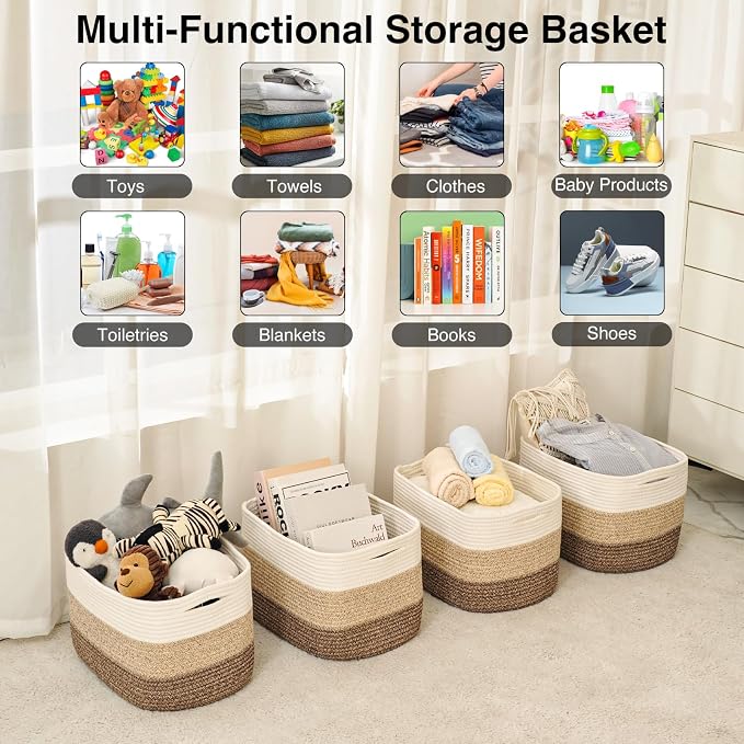 ICERZCZ Storage Baskets for Organizing & Shelves, Woven Cotton Rope Organization Bins for Dog Toys, Clothes, Books, Nursery Organizer, 15"Lx11"Wx9.5"H, (4 Packs) Gradient Brown
