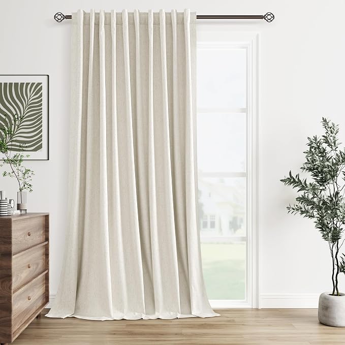 Extra Wide 100% Blackout Linen Curtains for Bedroom 90 Inch Long Natural Cream Black Out Curtain Back Tab Room Darkening Window Drapes for Living Dining Room 1 Panel Beige Ivory 60x90