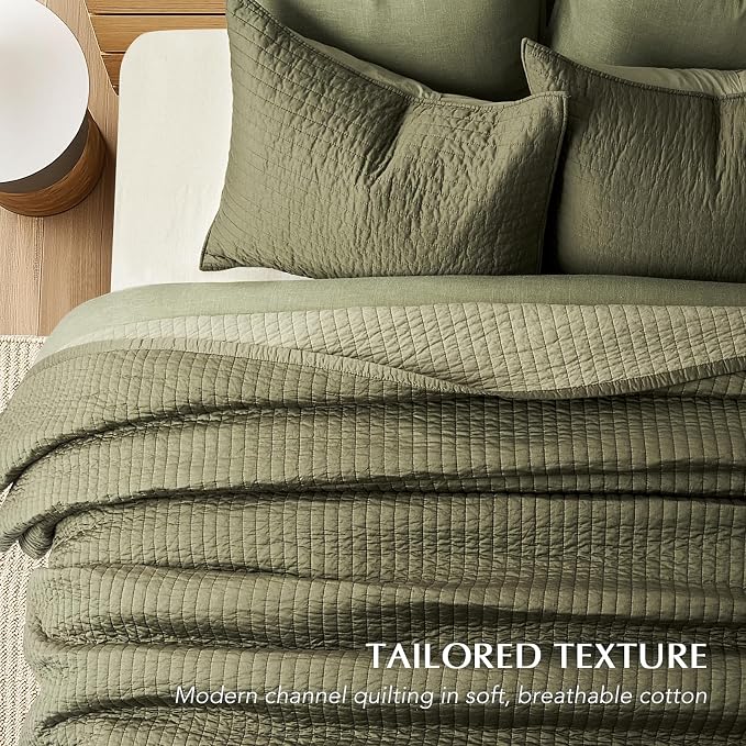 EVERGRACEHOME Cotton Sateen Quilt Set, Queen Size, Olive Green | 100% Cotton, Channel Stitch Coverlet Bedspread, Pre-Washed Lightweight Soft Bedding Set for All Season, 3 Piece, with 2 Shams