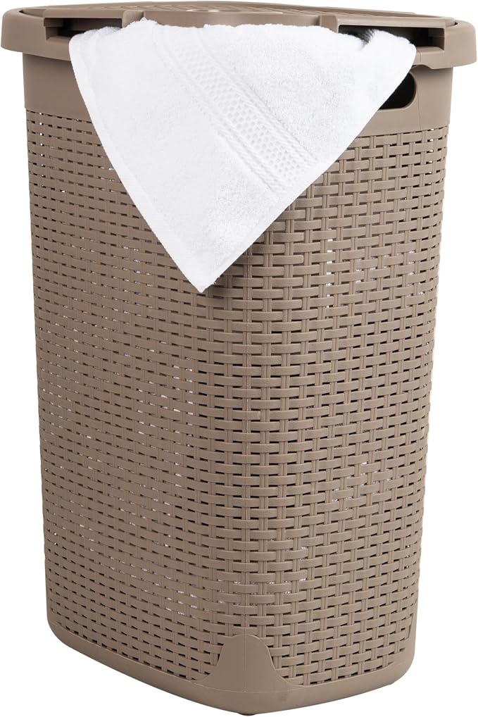 Mind Reader Slim Laundry Hamper with Lid, 60L Tall Clothes Basket, Narrow Tapered Design for Bathrooms, Closets and Laundry Rooms, Plastic, Tan