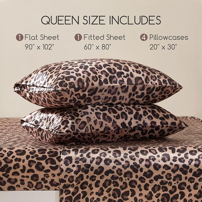 MR&HM Satin Sheets Queen Size with Elastic Corner Straps, Brown Leopard | Similar to Silk, 6-Piece Silky Soft Bed Sheet Set, Gentle on Skin and Hair, 15" Deep Pocket, Cooling & Breathable