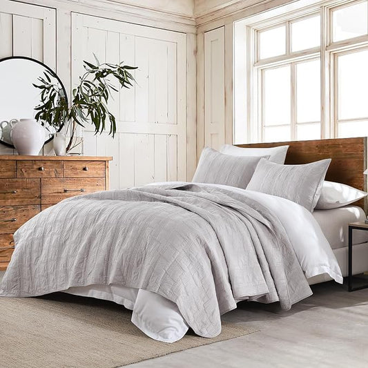 HORIMOTE HOME 100% Cotton Quilt Set Twin Size, Light Grey Pre-Washed Bedspread Coverlet Set, Cozy Lightweight Stitching Decorative Bedding Cover with 1 Sham in Geometric Pattern for All Season