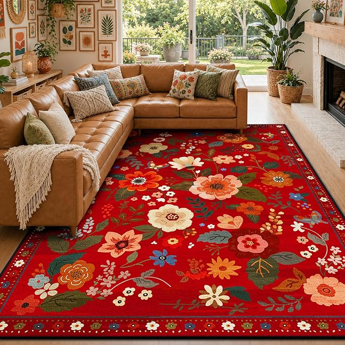 Floral Washable 8x10 Area Rugs Red/Orange | Flower Carpet, Print, Boho, Non-Slip, Easy to Clean, Soft, Low Pile for Living Room Bedroom Kitchen Office Entryway Hallway