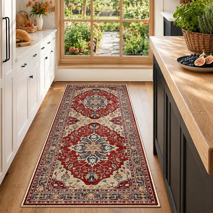 RELEANY Washable Area Rug, Runner 2'x6', Red/Blue | Non-Slip, Water Repellent, Pet Friendly, Easy to Clean, Vintage Floral Boho Decor for Kitchen Entry Bedroom Bedside Laundry
