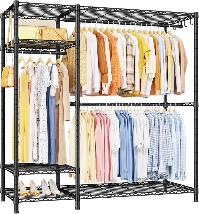 Ulif F7 Clothes Rack Heavy Duty, Clothing Racks for Hanging Clothes, Black | Garment Rack with Shelves, 6-Tiers Freestanding Portable Closet Storage Racks 58'' W × 14.6'' D × 76.6'' H, Max Load 800 Lbs