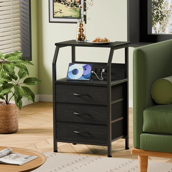 Furnulem Night Stand with Charging Station, 3 Drawers Bedside Table, Black | 28.3 Inch Tall Dorm Nightstand for Bedroom, Small Storage End Table with Outlets, 3 Fabric Storage Drawers, 3 Ways to Use