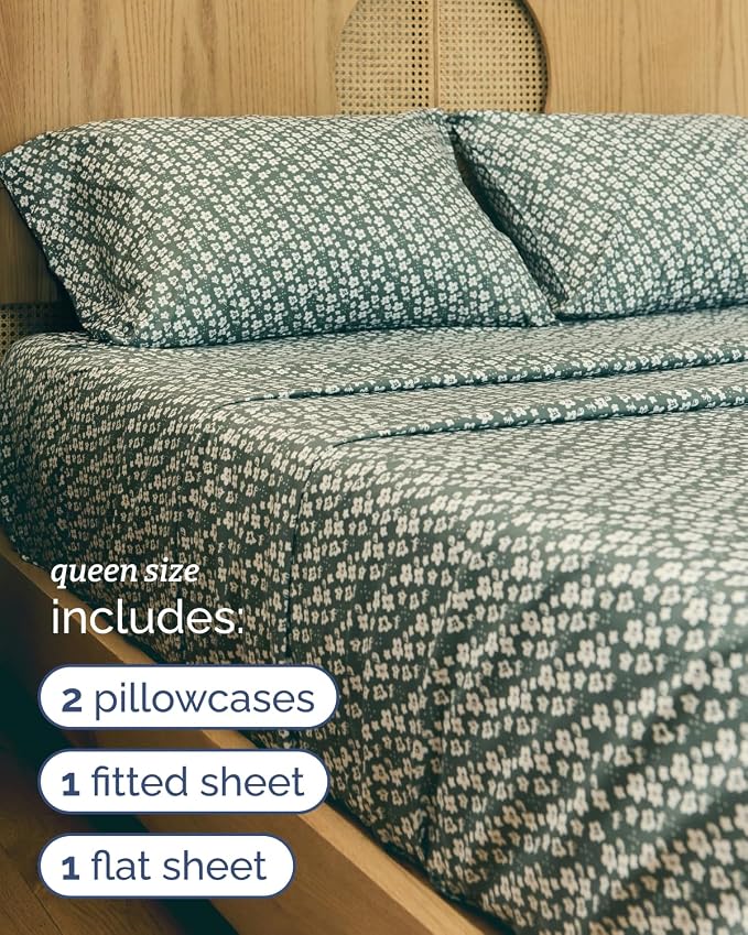 Queen 4 Piece Floral Sheet Set - Soft, Breathable & Cooling - Green Meadow | 1 Flat, 1 Fitted & 2 Pillowcases w/ Deep Pockets, Boho Botanical Floral Bedding, Breathable & Cooling, Wrinkle & Fade Free
