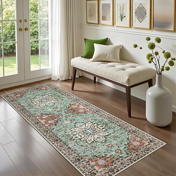 Hallway Runner Rug: 2.6x8 Kitchen Rugs for Living Room Brown Green | Runner Rug Hallway Washable Rug No Slip Soft Bedroom Rug Indoor Floor Stain Resistant Carpets for Entryway, Laundry, Bathroom
