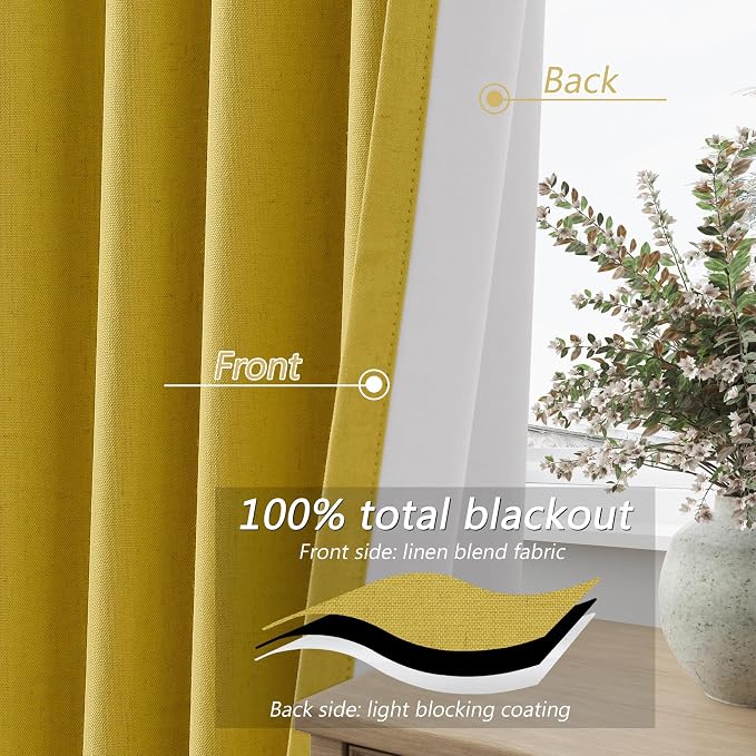 100% Blackout Curtains 120 Inch Length 2 Panels Set for Living Room Bedroom Back Tab Thermal Insulated Black Out Linen Drapes Room Darkening Celery Yellow,52x120