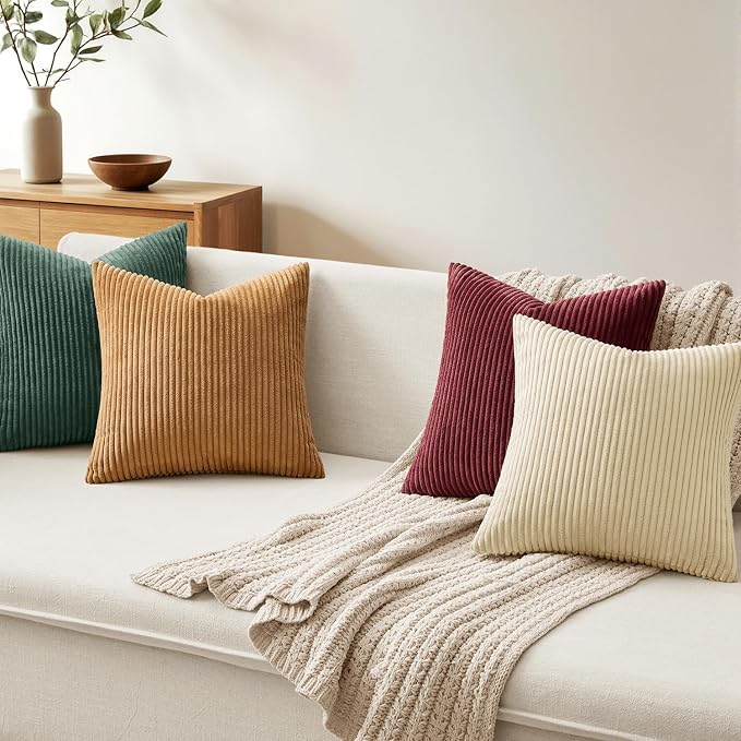 MIULEE Corduroy Decorative Throw Pillow Covers Christmas Red Green 18x18 | Set of 4, Mordern Nordic Christmas Decor, Green Red Accent Set, Boho Farmhouse Cushion Covers for Couch Bed Sofa Living Room