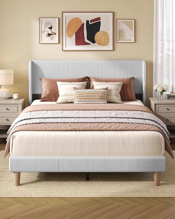 Bestier Queen Bed Frame with Wingback Headboard,Upholstered,Light Grey | No Squeaks,Easy Assembly,Wingback Headboard,Vertical Channel Corduroy Upholstered,Wooden Slats Support,No Box Spring Needed