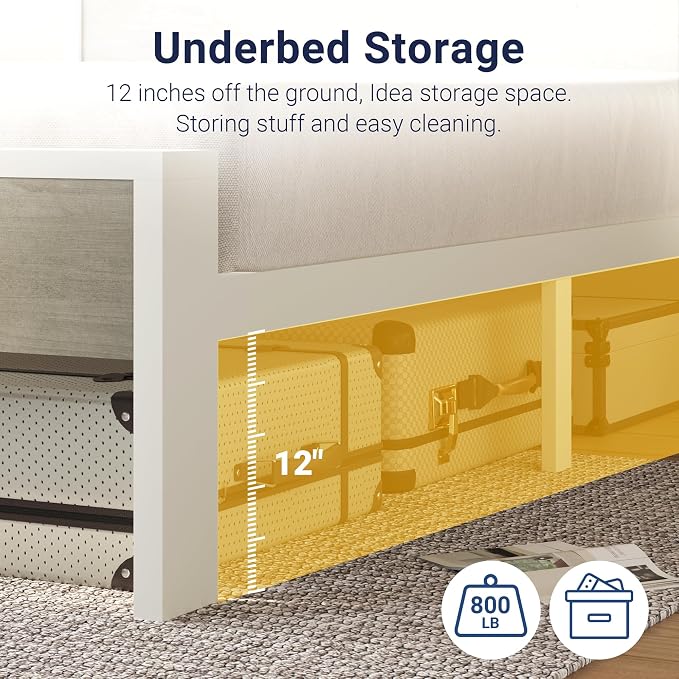 Allewie King Size Bed Frame, Heavy Duty 12 Metal Slats Support, White | Wooden Headboard and Footboard, Modern Platform Bed, No Box Spring Needed, Under-Bed Storage, Noise Free, Easy Assembly