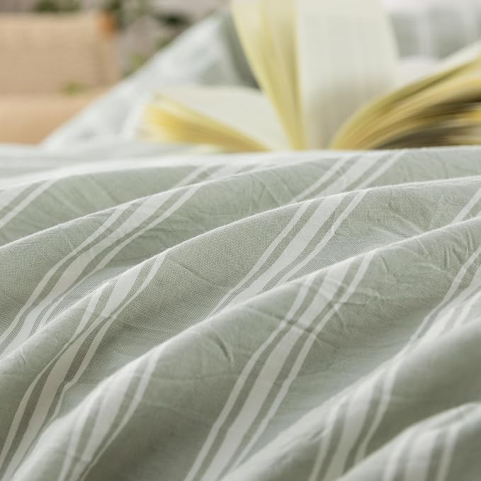 BESTOUCH Striped Cotton Duvet Cover Set Linen Feel Queen | 100% Washed Cotton, Soft Wrinkle Texture, Hidden Zipper, 8 Ties, Breathable Lightweight Durable Comfy, 3 Pcs No Insert