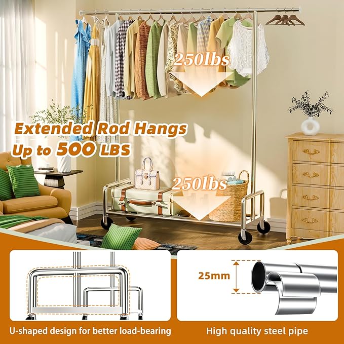 Simple Trending Rolling Clothes Rack, Heavy Duty Garment Rack, Chrome | Metal Clothing Rack, 360° Lockable Wheels, Extendable, Load 500LBS, Bedroom, Laundry Room