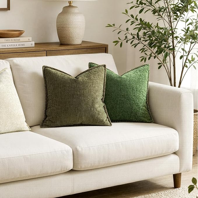 MIULEE Decorative Couch Throw Pillow Covers 20x20 Inch Olive Green 2 Pack | Farmhouse Pillow Covers with Stitched Edge, Soft Chenille Cushion Cases, for Sofa Bed Living Room Home Decor