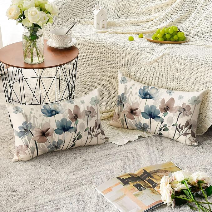 AVOIN colorlife Poppy Flowers Blue Brown Pillow Covers 12x20 Inch Set of 2 | Chinoiserie Seasonal Fall Leaves Cushion Case Decoration for Sofa Couch