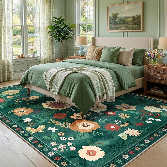 RELEANY Floral Washable 6x9 Area Rugs DarkGreen | Flower Carpet, Print, Boho, Non-Slip, Easy to Clean, Soft, Low Pile for Living Room Bedroom Kitchen Office Entryway Hallway