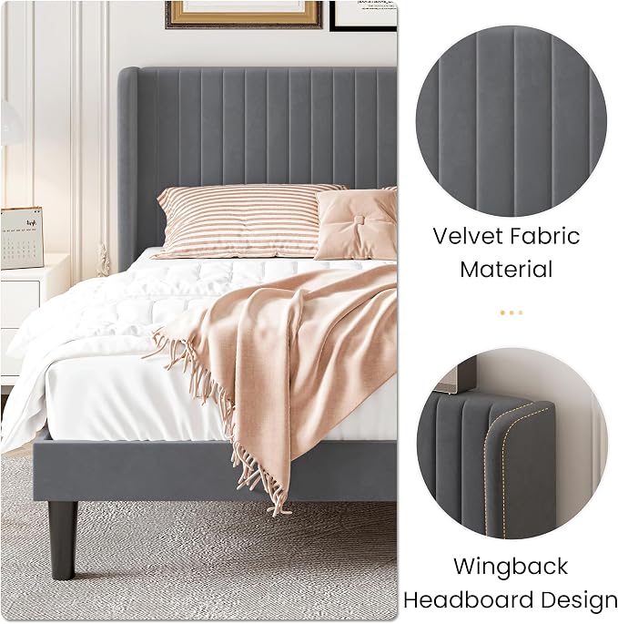 SHA CERLIN Full Size Velvet Bed Frame, Tufted Wingback Headboard, Grey | 47'' Modern Vertical Channel Headboard, Upholstered Platform Bed, Wood Slats, No Box Spring Needed, Easy Assembly, Noise Free