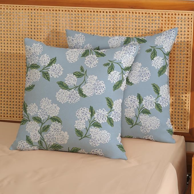 Light Blue Pillow Covers 20x20 Inch 2 Pcs Blue Green Hydrangea Flower Decor Throw Pillows Vintage Floral Seasonal Spring Summer Outdoor Decoration Pillowcase Linen Cushion Cover for Couch Sofa