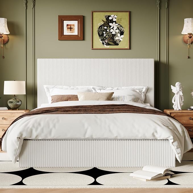 Allewie Full Bed Frame, Adjustable Corduroy Headboard, Platform, White | Adjustable Headboard, Corduroy Fabric, Low Profile, Wooden Slats, 800 lb Capacity, No Box Spring Needed