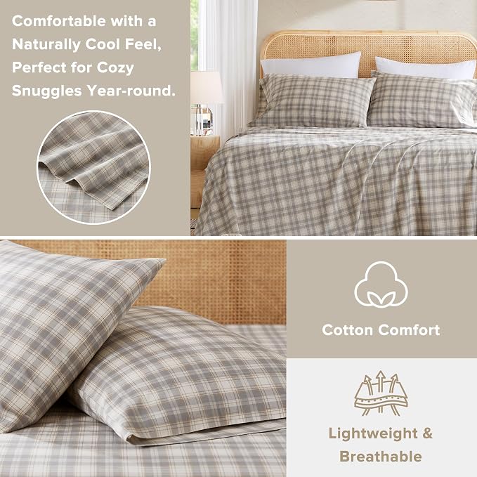 Comfort Spaces 100% Cotton Percale Sheets Full Size 4 Piece, Wesley Taupe | Crisp, Cool & Breathable Bed Sheets, 14" Deep Pocket Fits Up to 16" Mattress, Lightweight, All Season Cozy, with Pillow Case