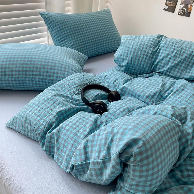 LifeTB Twin XL Comforter Set Blue Grey Gingham Comforter 3 Pieces Modern Plaid Grid Pattern Comforter Set Soft Lightweight Gingham Bedding Set Fluffy Plaid Checkered Comforter with 2 Pillowcases