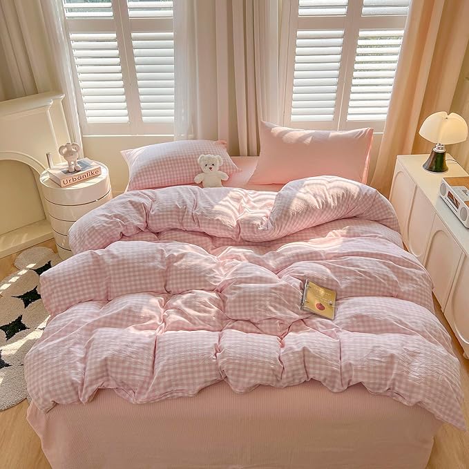 LifeTB Pink Gingham Comforter Set Twin XL Aesthetic Pink White Plaid Checkered Comforter Set 3 Pieces Grid Bedding Comforter with 2 Pillowcases Soft Lightweight Gingham Bedding Set Twin XL