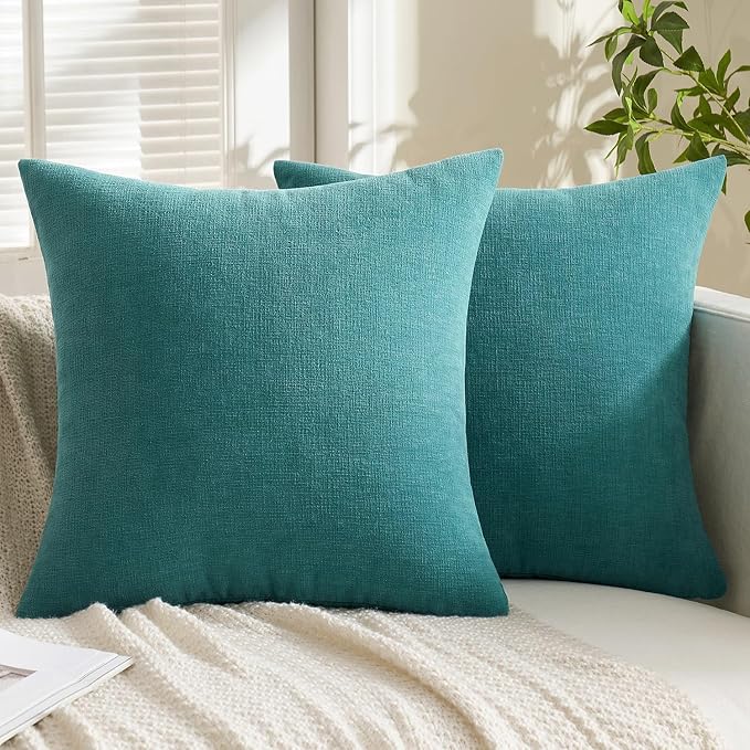 MIULEE Teal Chenille Couch Euro Throw Pillow Covers, 22x22 | Set of 2, Soft Coastal Home Decor, Modern Farmhouse Decorative Pillowcases for Sofa Living Room Bed