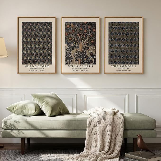 Framed Vintage William Morris Botanical Floral Canvas Wall Art, 3 Piece | Rustic nature, Retro classic, Illustration prints, 30x60 inch, Living room, Bedroom, Dining room, Hallway decor