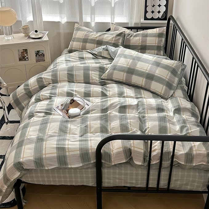 mixinni Green Grid Duvet Cover Set Twin - Vintage Buffalo Plaid Bedding Set-Green &Yellow&Beige, Soft Cotton Geometric Checkered Bedding Set with 2 Pillowcases for Boys, Girls, Teens