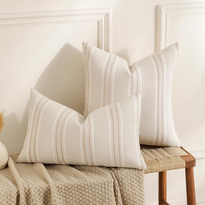 Hckot Beige Throw Pillow Covers 24x24 Set of 2 Khaki Striped Pillow Covers | Textured Linen Decorative Pillows Square Cushion Covers for Sofa Couch Bed Living Room Farmhouse Decor