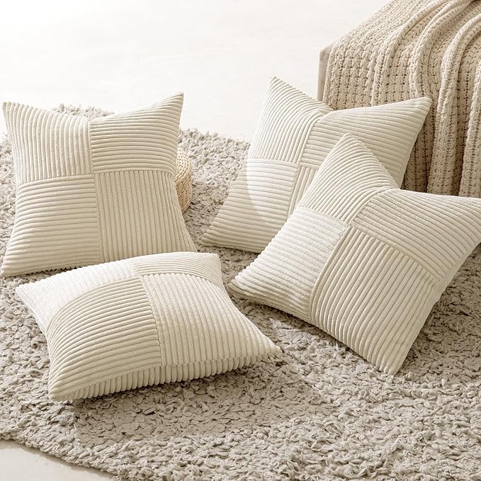 MIULEE Beige Throw Pillow Covers 18x18 Inch Set of 4 Boho Patchwork Cushion Cases Modern Farmhouse Pillow Cases with Invisible Zipper Corduroy Striped Home Decor for Couch Sofa Bedroom