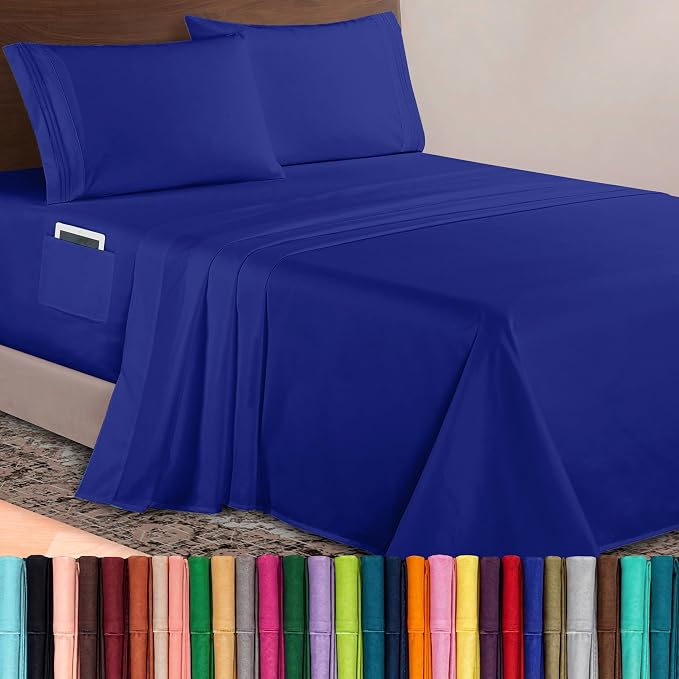 Elegant Comfort Luxurious 1500 Premium Hotel Quality Microfiber 4-Piece Sheet Set, 18-24 Inches Deep - Extra Deep Pocket Sheets - Ultra Soft 4PC Deep Pocket Sheets, Queen, Royal Blue