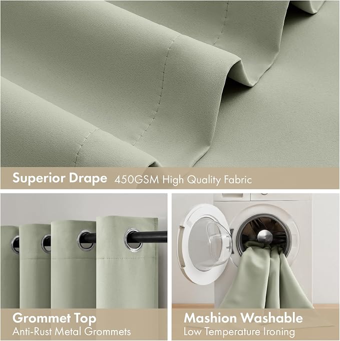MIULEE Sage Green 100% Blackout Curtains for Bedroom 40x63 Inch Long | 2 Thick Layers Thermal Insulated Window Curtains with Black Liner, Noise Reducing Grommet, Drapes for Living Room, 2 Panels