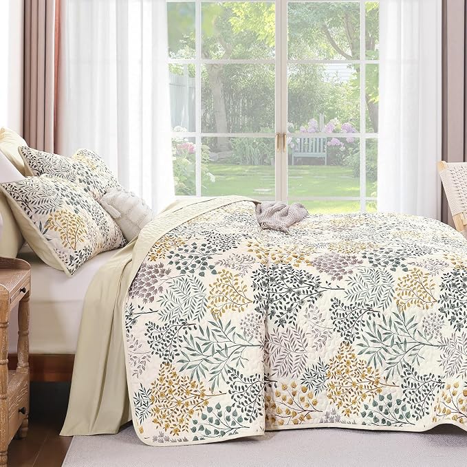 WONGS BEDDINGKing Quilt Set, 3 Pcs Yellow Green Floral Bedspread Coverlet | Botanical Print Quilt Set for Spring Summer, Lightweight Microfiber Farmhouse Quilted Bed Cover for Guest Room 110"×90"